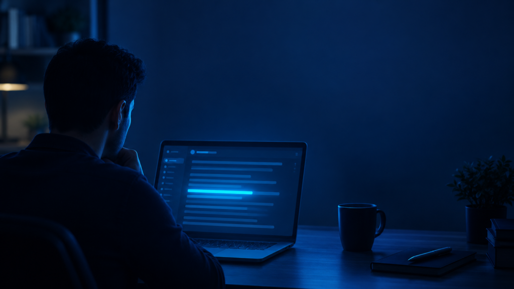 Person reviewing content on a laptop screen at night.