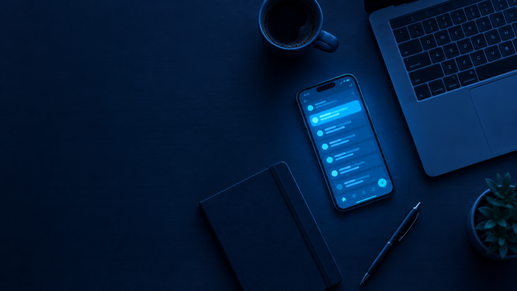 Overhead view of a phone glowing on a desk beside a laptop, representing unmonitored AI tool use.