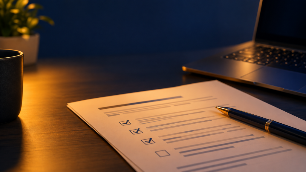 Checklist and pen on a desk with warm lamp light, representing EU AI Act compliance documentation