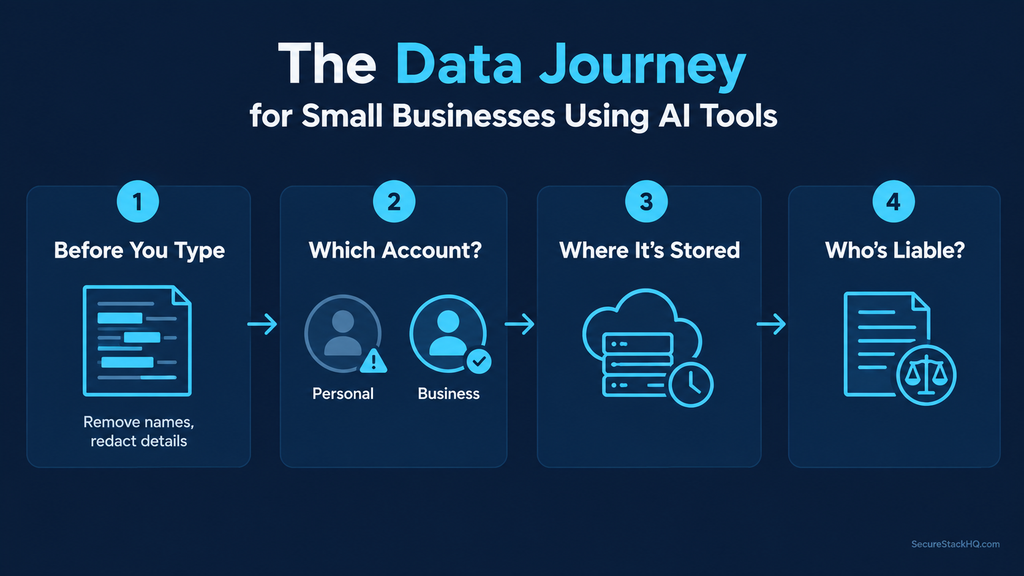 Diagram showing how small businesses handle ai privacy concerns across four stages: redacting information, checking accounts, data retention, and liability
