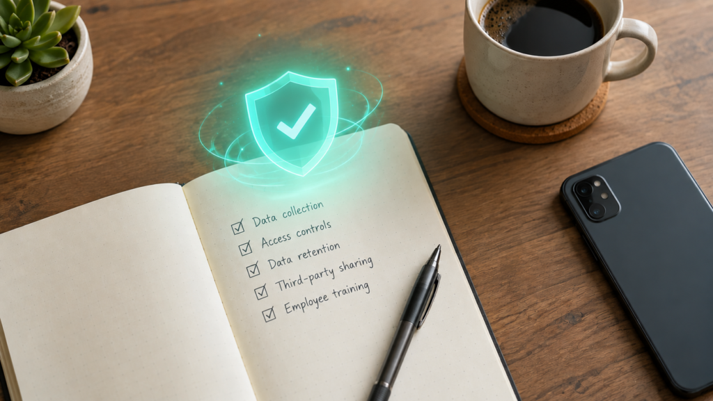 Small business owner addressing AI privacy concerns with a data security checklist and glowing digital shield