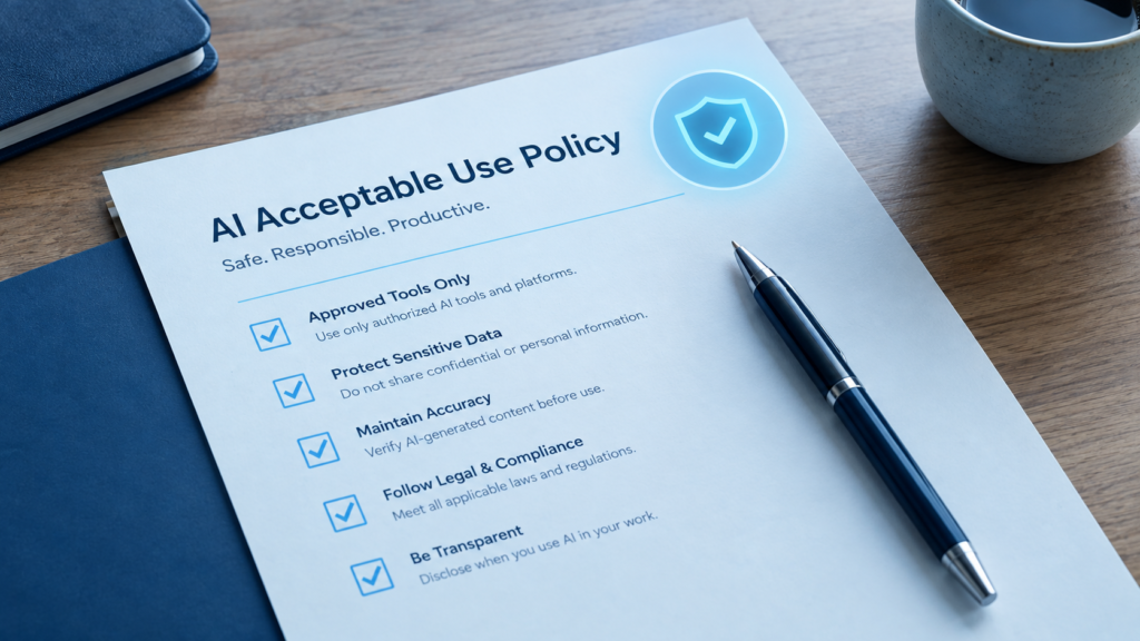 Printed AI policy checklist on a desk with a pen and approval stamp icon